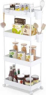 Ronlap Rollwagen Küchewagen mit 4 Ebenen, Servierwagen mit Aufhängebecher, Separator, Haken, Regal auf Rollen für Küche, Schlafzimmer, Büro, Weiß