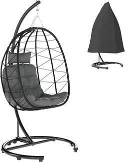 Outsunny Schaukelstuhl Hängesessel Rattan Hängestuhl 195 cm Höhe (Schaukelkorb, 1 St), für Terrasse, Garten bis zu 150 kg, Dunkelgrau
