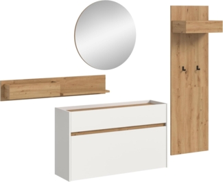 xonox. home – 4 teilige Garderobenkombination Drive 205 x 197 x 32 cm in Weiß und Artisan Oak Nachbildung – Set mit Spiegel, Paneel & Schuhkommode – Moderne Garderobe für Diele & Eingangsbereich