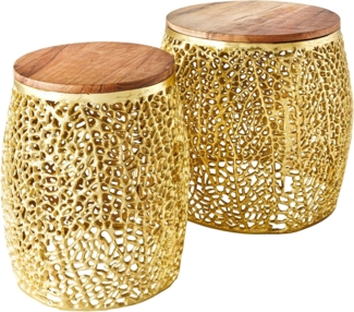 riess-ambiente Couchtisch ABSTRACT LEAF Ø40cm / Ø30cm gold / natur (Set, 2-St), Wohnzimmer · Massivholz · Metall · rund · Handarbeit · Modern Design