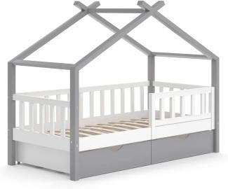 VitaliSpa Kinderbett Hausbett Einzelbett Design Weiß Grau modern 80x160 cm Kinderzimmer Bett Massivholz Lattenrost Schublade Rausfallschutz Schubladenbett