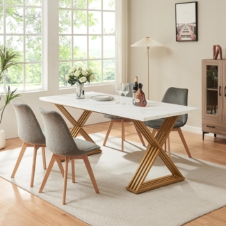 Esstisch Hujaari für 6 Personen Marmoroptik, weiß / Gold [en. casa]
