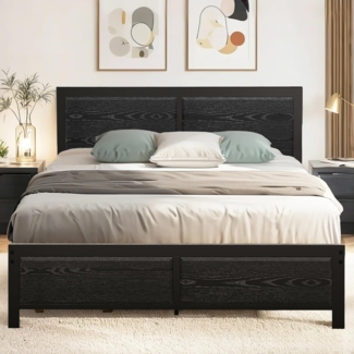 VECELO Bettgestell 140x200 cm, Metallbett mit Dick Holzkopfteil und Lattenrost, Doppelbett mit Stauraum unter dem Bett, perfekt für Schlafzimmer, Schwarz