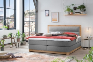 Belanoti Boxspringbett Age (Boxspringbett 160x200 Eiche 7-Zonen Taschenfederkern Matratze, inkl Visco Topper Bett 160x200 in der Farbe Grau H2/H3 Polsterbett), Hotelbett mit Massivholz Eiche Massivholzbett