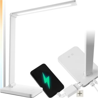 tectake Schreibtischlampe Tischleuchte Novaly, LED, dimmbar, 5W inklusive USB-Anschluss, Dimmbar, Dreh-, neig- und klappbare Schreibtischlampe im schlanken Design