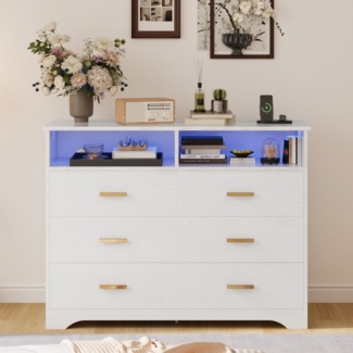 IRONCK Kommode Weiß mit 6 Schubladen, Komodenschrank mit LED-Streifen und 2 Steckdosen, USB+Typ-C-Anschlusse, Schubladenschrank für Schlafzimmer, Wohnzimmer, Arbeitszimmer Flur, 120cm Breite