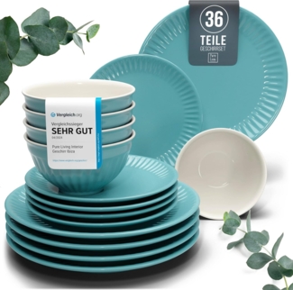 Steingut Geschirrset 12 Personen Hygge 36 tlg. TESTSIEGER, Traumhaftes Skandinavisches Steingut Geschirr Set, Schüssel- und Teller Set, Tafelservice 12 Personen, Geschirrsets Pure Living in Petrol