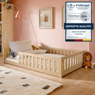 Kids Collective Kinderbett Bodenbett Bett mit Rausfallschutz & Lattenrost Montessori Bett Kinder (Jungen, Mädchen, Kinder, weitere Größen 80x160, 90x200, 140x200 cm), Gitterbett Jugendbett natur mit Matratze Junge Mädchen 120x200cm