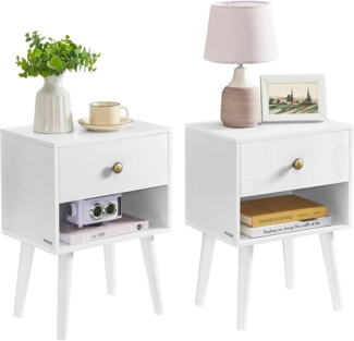 Vasagle Nachttisch, 2er Set, Beistelltisch mit Schublade und offener Ablage, Holzbeine, Couchtisch für Wohnzimmer, Schlafzimmer, Sofa, schneeweiß