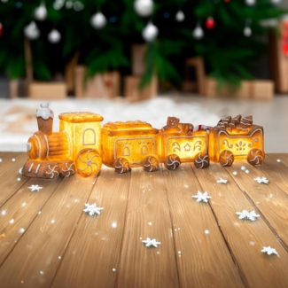 Spetebo LED Dekofigur Motiv Lebkuchenzug mit 3 Wagons, 4-teilig, LED wechselbar, warm weiß, 4-teiliger Weihnachtszug mit LED Beleuchtung
