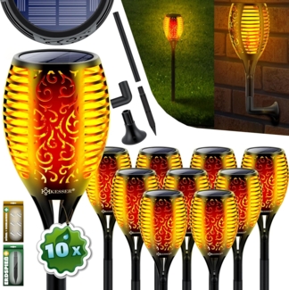 KESSER® Gartenfackel Solar Set Solarleuchten Flamme mit Wandhalterung + Erdspieß Licht-Sensor Wetterfest Garten Solarleuchte Fackel Lichter LED Gartenlampe Solarlampe Flammenlicht 96 LED´s, 10er Set