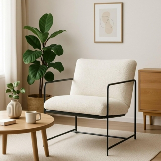 Dmora Poltrona Poplar, Poltrona rivestita in Tessuto bouclé, Sedia imbottita, Seduta Con braccioli in Metallo, 61x67h75 cm, Bianco