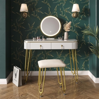 Schminktisch Grace Weiß Hochglanz 100 cm mit LED Beleuchtung und Hocker Vicco