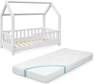 VitaliSpa Kinderbett Hausbett Wiki 70x140 cm weiß Kinder Bett Holz Haus Schlafen Hausbett Spielbett Inkl. Lattenrost und Zaun Fallschutzgitter und Matratze