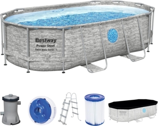 Bestway Power Steel Swim Vista Series Frame Pool Komplett-Set mit Filterpumpe 427 x 250 x 100 cm, Steinwand-Optik (Cremegrau), oval