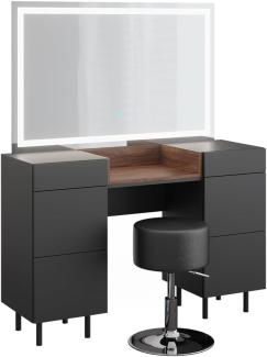 Vicco Schminktisch Anika 120 x 80 cm mit LED-Spiegel & Hocker, Anthrazit Walnussbraun, 6 Schubladen, Schlafzimmer