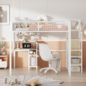 Ball & Cast Hochbett 140x200 mit Sicherheitsleiter, Kinderbett mit Eisenrahmen Kleiderschrank und Computertisch Weiß