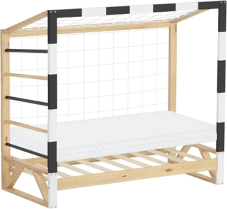 ML-DESIGN Spielbett Kinderbett Fußballtor Holzbett mit Lattenrost Kletterleiter & Netz, Abenteuerbett 70x140 cm Natur für Kinder aus Kiefernholz mit Matratze