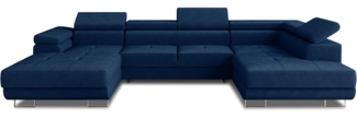 Wohnlandschaft Caris U mit Schlaffunktion, einstellbare Kopfstützen und zwei Bettkästen (Blau (Kronos 09), Ecksofa Links)