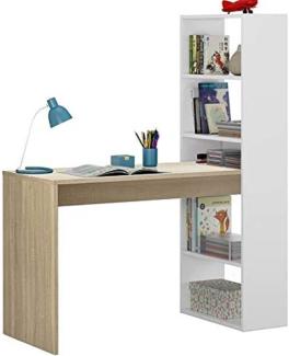 Dmora - Schreibtisch Denton, Wendeschreibtisch mit Bücherregal mit 5 Böden, Studier- oder Bürotisch für PC-Buchhalter, cm 120x53h144, Weiß und Eiche