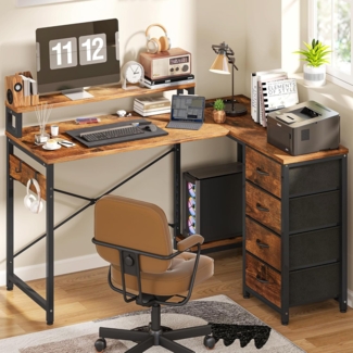YITAHOME Schreibtisch, Eckschreibtisch mit 4-stufigem DIY-Aufbewahrungsregal Multifunktionstisch mit 2 USB-Anschlüssen & Steckdosen für das Homeoffice, Studium, Wohnzimmer, 130 x 100 x 75 cm, Vintage-Braun