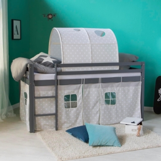 Hochbett mit Lattenrost 90x200 cm Grau Kinderbett Tunnel Vorhang Sterne Holz Kiefer Jugendbett