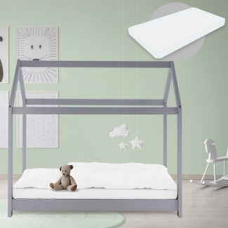 ML-DESIGN Spielbett Hausbett Kinderbett inkl. Lattenrost kreativ Bodenbett für Kinder, Abenteuerbett, Haus Bett Himmelbett Kiefer Jugendbett Hellgrau