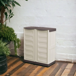 Dmora - Courtrai Outdoor-Garderobe, Mehrzweck-Balkongarderobe, Outdoor-Möbel mit 2 Türen, 100% Made in Italy, Beige und Braun, 70 x 39 x 86 cm, gestreifte Oberfläche