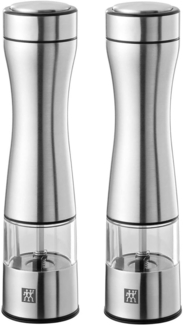 Zwilling elektrische Gewürzmühlen Set 2er - hochwertige Edelstahl- und Acrylmühle für Salz, Pfeffer und Gewürze, mit einstellbarem Keramik-Mahlwerk und LED-Spot - für präzises Mahlen und Dosieren