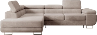 Selsey STEVIL - Ecksofa L-Sofa mit Schlaffunktion, Bettkasten, Ottomane links, Cordbezug Dunkelbeige