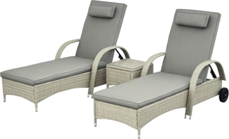 Outsunny Gartenliege Tisch 3er-Set Gartenmöbel, Polyrattan+Metall Grau, Liege, 3 St, Sonnenliege, Modern, Stabil, Praktisch, Witterungsbeständig