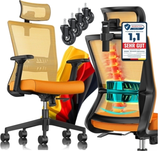 KESSER® Bürostuhl mit verstellbaren Armlehnen | Drehstuhl mit Lendenwirbelstütze Rückenschonend | Schreibtischstuhl ergonomisch mit Kopfstütze | Office Chair Wippfunktion bis 125° mit 5x Gummirollen Orange / Schwarz