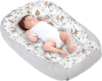 Medi Partners Babynest Kuschelnest Babynestchen 100% Baumwolle Waffle Nestchen Reisebett für Babys Säuglinge 100 x 60 x 15 cm Sicherer Verschluss (REH mit Grauer Waffle)