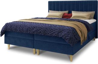 Boxspringbett Gold mit 2 Bettkästen und Topper - Doppelbett, Bonell-Matratze, Polsterbett, Bett mit Matratzentopper, Schlafzimmer, Velours Stoff (Blau (Manila 26), 160 x 200 cm)