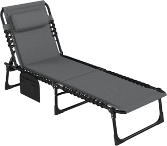 Outsunny Gartenliege mit Seitentasche, Kopfkissen, 5-Fach verstellbare Rückenlehne, Sonnenliege klappbar, 1 St, wetterfeste Liegestuhl, bis 120 kg belastbar, für Garten Strand Pool, Dunkelgrau