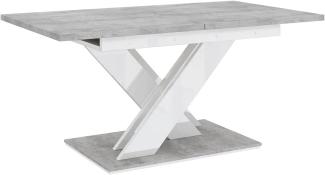 MEBLINI Esstisch Ausziehbar - 140-180x80x75cm - BRONX - Betonoptik/Weiß Hochglanz - Esszimmertisch Modern - Küchentisch - Säulentisch - Ausziehtisch - Dining Table