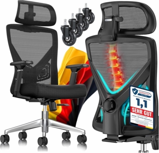 KESSER® Bürostuhl mit verstellbaren Armlehnen | Drehstuhl mit Lendenwirbelstütze Rückenschonend | Schreibtischstuhl ergonomisch mit Kopfstütze | Office Chair Wippfunktion bis 125° mit 5x Gummirollen Schwarz / Silber