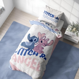 MTOnlinehandel Bettwäsche Biber, Lilo & Stitch "Wave" in 135x200 + 80x80 cm, Disney, 100% Baumwolle, 2 teilig, Wende-Motiv kuschelig und warm