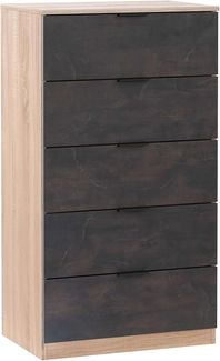 Habitdesign, Kommode mit 5 Schubladen – moderner Sinfonier in Eiche & Rostoptik, platzsparender Schubladenschrank für Schlafzimmer oder Büro, Maße: 60 x 110 x 40 cm (B x H x T), Modell Alaya