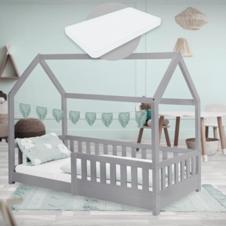 ML-DESIGN Spielbett Hausbett Kinderbett inkl. Lattenrost kreativ Bodenbett für Kinder, Abenteuerbett mit Rausfallschutz Kiefer Hellgrau Himmelbett Bettenhaus