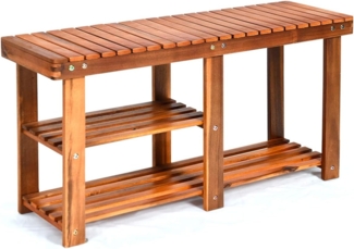 COSTWAY Schuhregal mit Sitzbank, Schuhbank mit 2 Ablagen, Schuhschrank aus Holz, Schuhständer für Bad, Wohnzimmer und Eingangsbereich, 87 x 28 x 45 cm, Natur