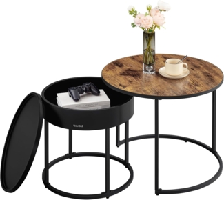 VASAGLE Couchtisch (2er Set), Satztisch für Wohnzimmer, versteckter Stauraum, Ø 60x45 cm + Ø 44x42 cm