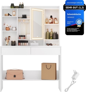Vasagle Schminktisch mit Spiegel, Schubladen und LED-Beleuchtung, einstellbare Helligkeit, Holzspanplatte weiß, 144,7 x 40 x 90 cm