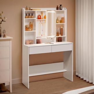 Vasagle Schminktisch mit Spiegel, Schubladen und LED-Beleuchtung, einstellbare Helligkeit, Holzspanplatte weiß, 144,7 x 40 x 90 cm
