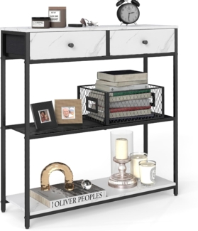 VASAGLE Konsolentisch schmal, Beistelltisch mit 2 Stoffschubladen, Flurtisch, 24 x 76 x 80 cm, für Flur, Wohnzimmer, marmorweiß-tintenschwarz