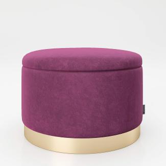 PLAYBOY - runder Pouf "SUE" gepolsterter Sitzhocker mit Stauraum, Samtstoff in Lila, goldener Metallfuss, Retro-Design