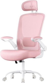Songmics Bürostuhl ergonomisch, mit Mesh, gepolsterte Lendenstütze, Wippfunktion, 53 cm große Sitzfläche, klappbare Armlehnen, Kopfstütze, pastellrosa, 64x64 x (115-130) cm