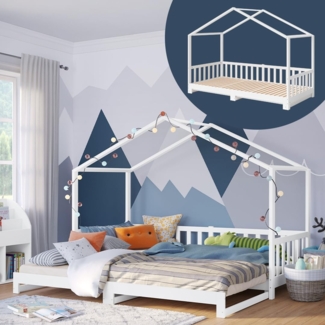Bellabino Bia Kinderbett 90x200 cm – Hausbett ausziehbar auf 180x200 cm mit Lattenrost – Montessori Kinder Bett aus Massivholz Kiefer – Bett für Jungen und Mädchen inkl. Ausziehbett