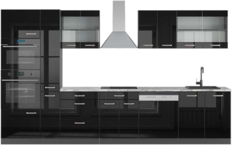 Küchenzeile R-Line Schwarz Hochglanz/Anthrazit 350 cm mit Hochschrank, AP Marmor Vicco