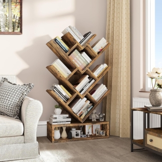YITAHOME Baum Bücherregal, Boden stehendes Bücherregal mit hölzernen Schublade industrielle Regaleinheiten Anzeige Lagerregal für Wohnzimmer, Haus, Büro, Vintagebraun Bücherregale